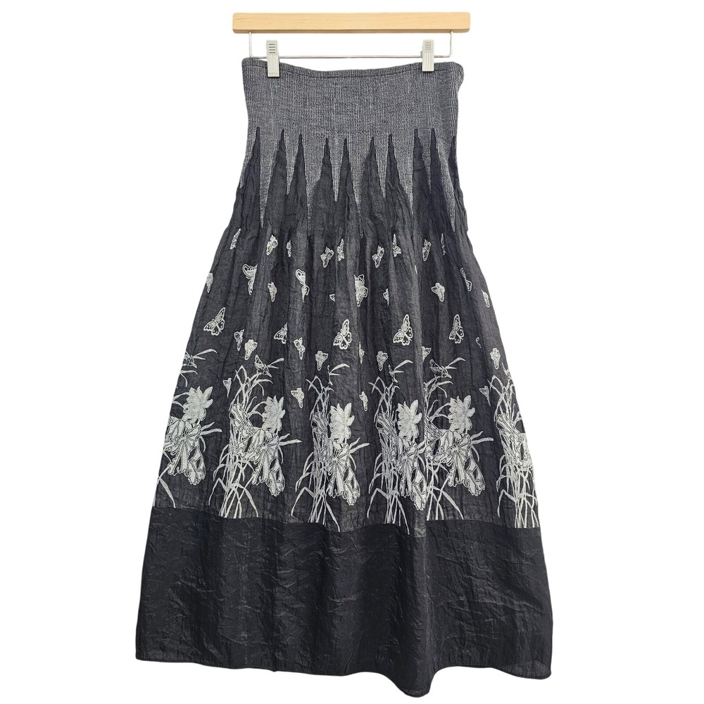 Lapis convertible skirt dress Gray Butterfly Floral Crinkle Smocked A-Line Midi
